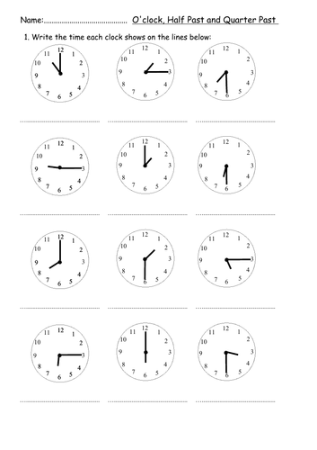 analogue time worksheets oclock half past quarter pastto 5 mins