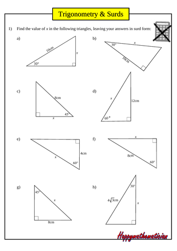 Trigonometry Using Surds - With Answers | Teaching Resources