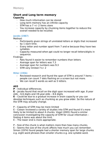 Psychology A-Level AQA 7181/7182 (New) - Memory Notes