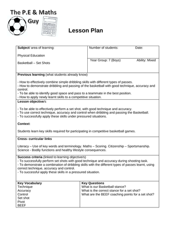 P E Lesson Plan Year 7 Basketball Lesson 5 Set Shots Teaching Resources