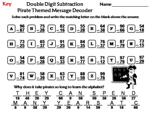 Double Digit Subtraction Activity: Pirate Themed Math Message Decoder ...