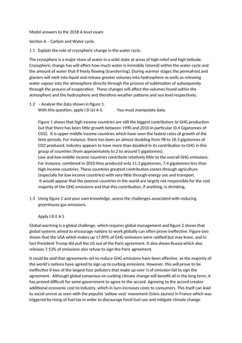 AQA Geography A level exam 2018  Water & Carbon cycle model answers