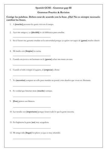 Spanish GCSE Grammar Revision & Practice: adjective & verb manipulation sentence gap-fill