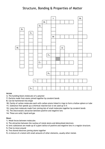 Structure Bonding Starter Crossword Teaching Resources