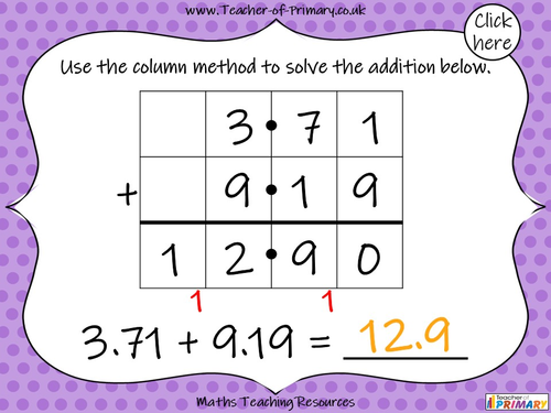 Adding Decimals (with the same number of decimal places) - Year 5