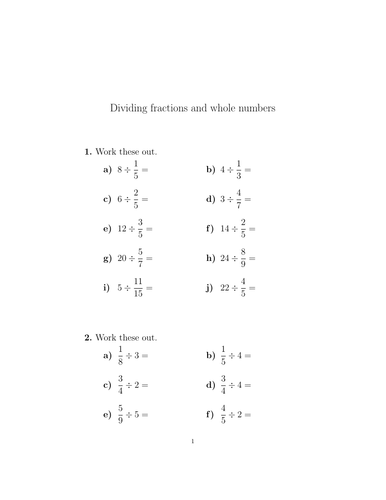 Dividing fractions and whole numbers worksheet no 3 (with solutions ...