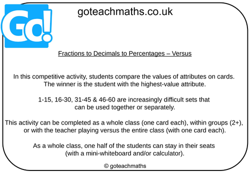 Fractions to Decimals to Percentages - Versus | Teaching Resources