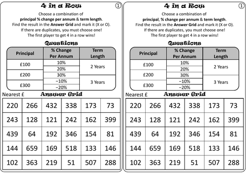 Repeated Percentage Change - Four in a Row | Teaching Resources
