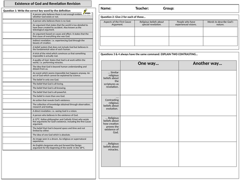 Existence of God and Revelation AQA GCSE Religious Studies Revision Sheet