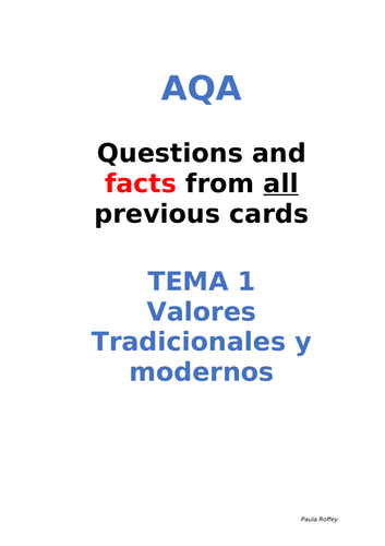 AQA Spanish Facts and Questions Tema 1 - Valores Tradicionales y Modernos   UPDATED!!!