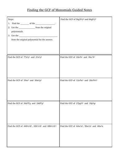 Finding the GCF of Monomials Guided Notes | Teaching Resources