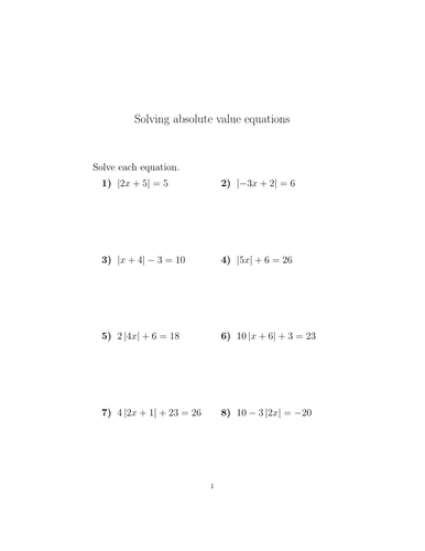 Solving absolute value equations-harder questions worksheet (with ...