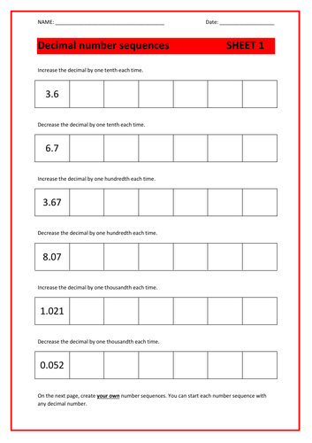 Decimal Number Sequences (3 stepped activity booklets)
