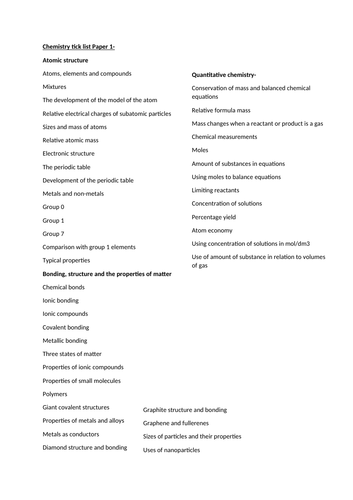 Chemistry tick list