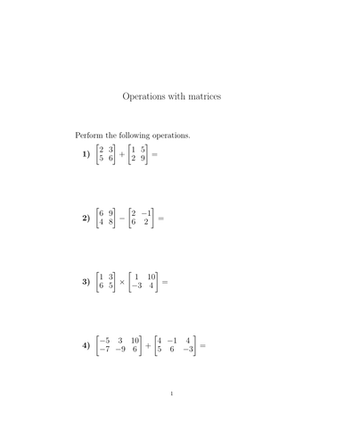 Operations with matrices worksheet (with solutions) | Teaching Resources
