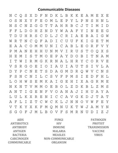 Communicable Diseases WordSearch and Crossword with Mark Scheme