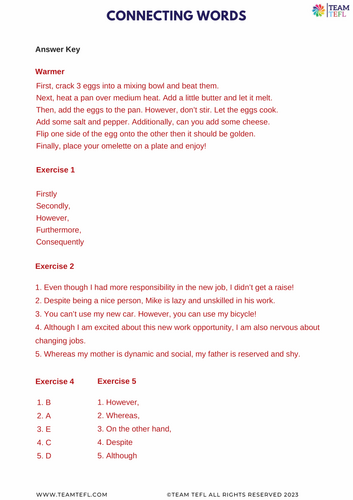 Connecting Words ESL Lesson Plan Worksheet B1 | Teaching Resources