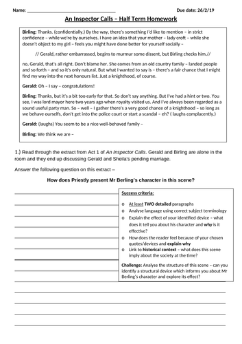 An Inspector Calls - Homework sheets | Teaching Resources