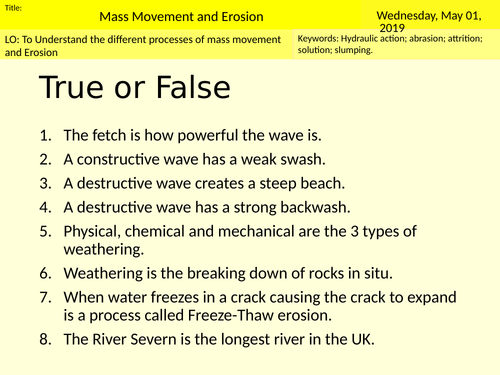 GCSE AQA Geography Mass Movement and Erosion Lesson 3