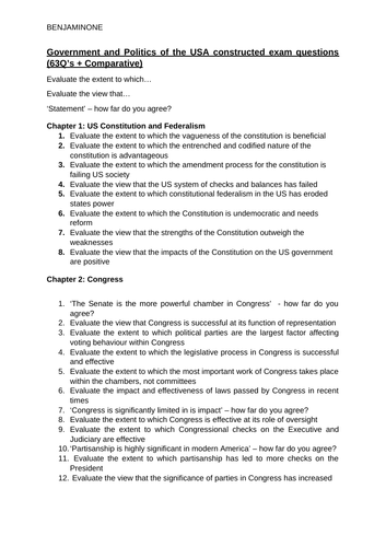 Politics A-Level (Edexcel) Essay Questions - US Politics