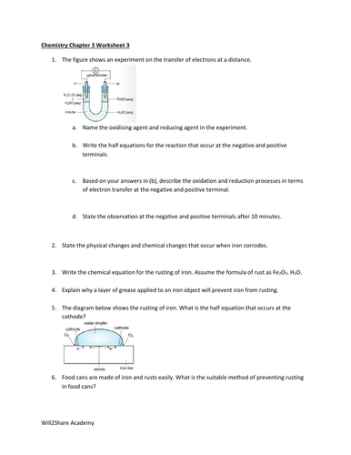 Redox, Displacement Reaction and Rusting of Iron Worksheets and Answers