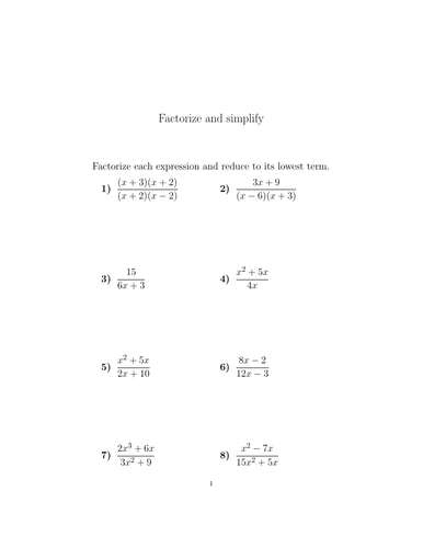 Factorize And Simplify Worksheet with Solutions Teaching Resources