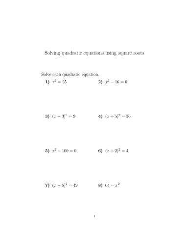 Solving quadratic equations using square roots worksheet (with