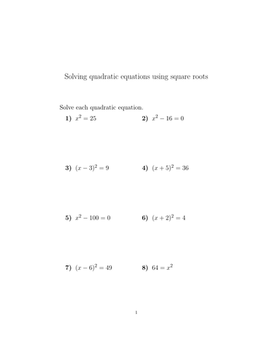 solving quadratic equations using square roots worksheet