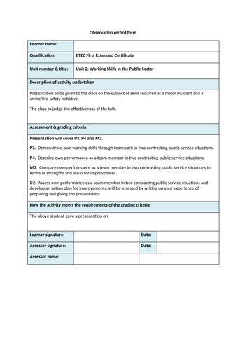BTEC Public Services, Level 2, Unit 2, Demonstrate Working Skills ...