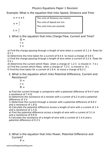 GCSE Physics Equations Revision Paper 1 | Teaching Resources
