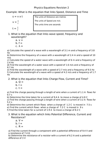 Gcse Physics Equations Revision Sheet 2 Teaching Resources