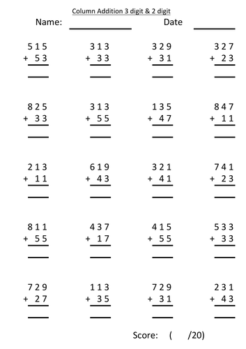 column addition three digit two digit teaching resources