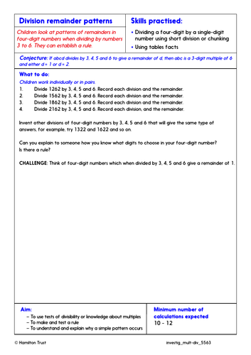 Short division with 3- & 4-digit numbers - Problem-Solving Investigation - Year 5