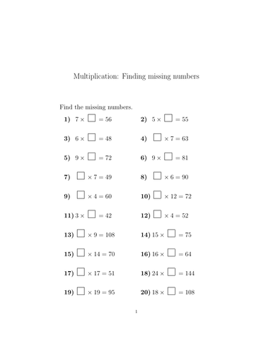 Multiplication: Finding missing numbers worksheet (with solutions ...