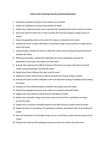 Carbon Cycle Assessment Questions