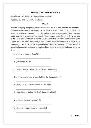 spanish ks3 reading comprehension practice family and