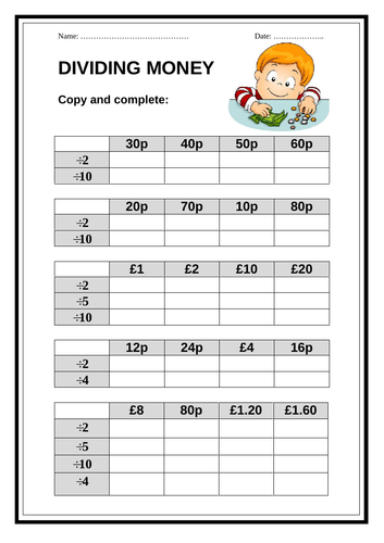 Divide Money Worksheet