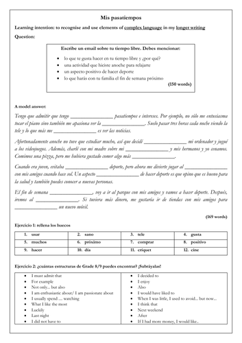 Spanish GCSE Writing Practice:  building a range of complex language model answer & scaffold