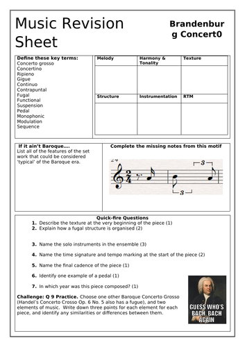 Bach Brandenburg Concerto GCSE Revision Worksheet