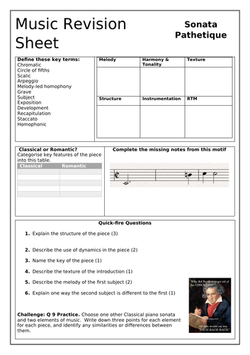 Beethoven Sonata Pathetique GCSE Revision Worksheet