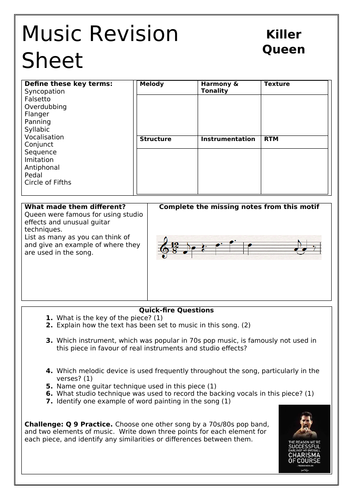 Queen Killer Queen GCSE Revision Sheet