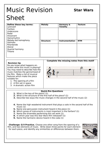 John Williams Star Wars GCSE Revision Sheet