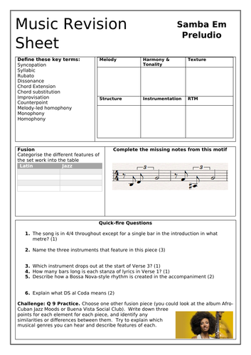 Spalding Samba Em Preludio GCSE Revision Sheet