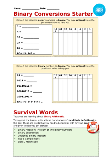 Binary Arithmetic Worksheet (OCR) | Teaching Resources