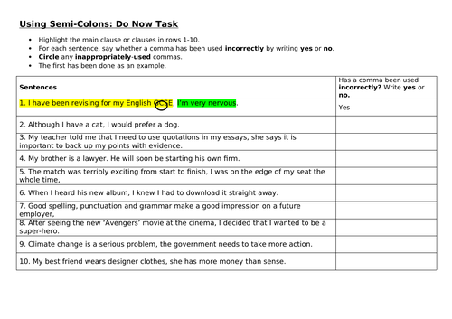 KS3 Basic Literacy: The Semicolon | Teaching Resources