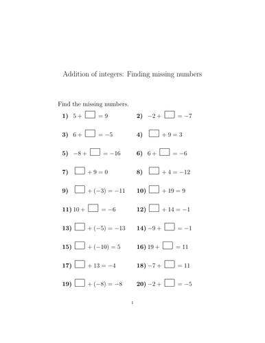 Addition of integers: Finding missing numbers worksheet (with solutions ...