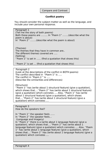 Writing frame to compare and contrast 2 anthology poems. Low sets.