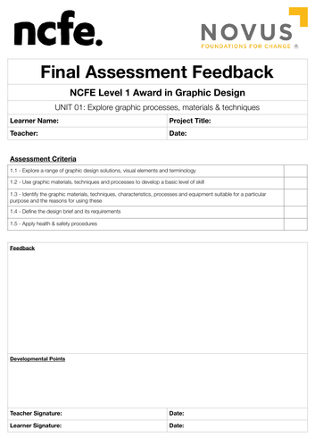 NCFE L1 Graphic Design Unit 01-04 FINAL ASSESSMENT Feedback Sheet