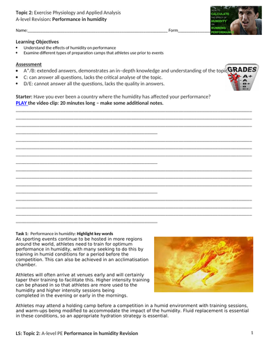 A-Level PE EDEXCEL (spec 2016) Performance in humidity