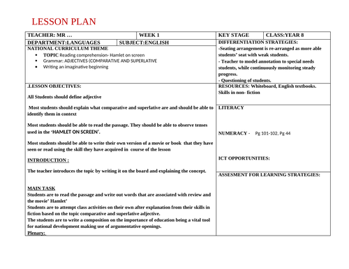 English Language Lesson Plan for Year 8 | Teaching Resources